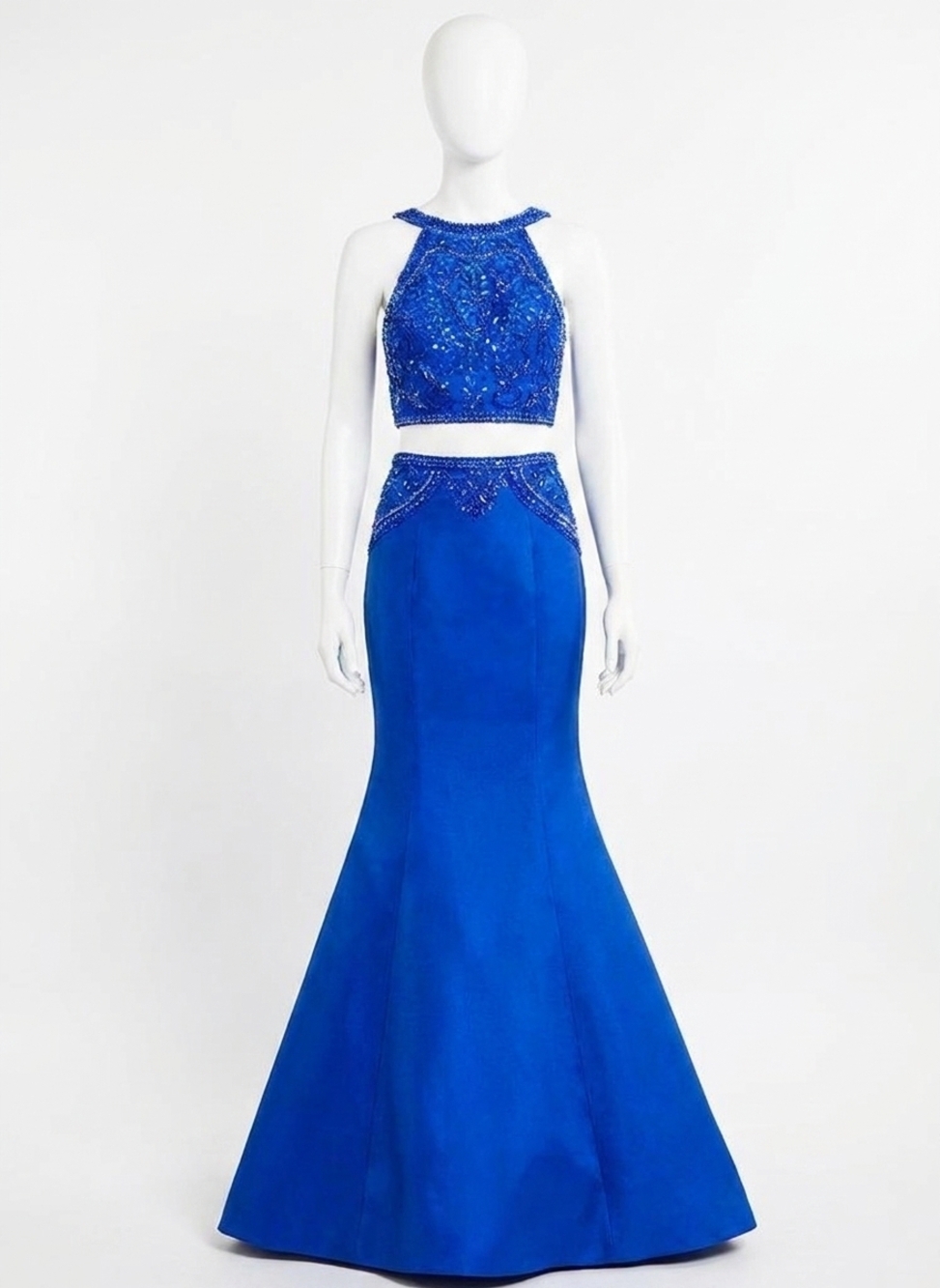 NEW RACHEL ALLAN two-piece beaded mermaid prom gown in royal